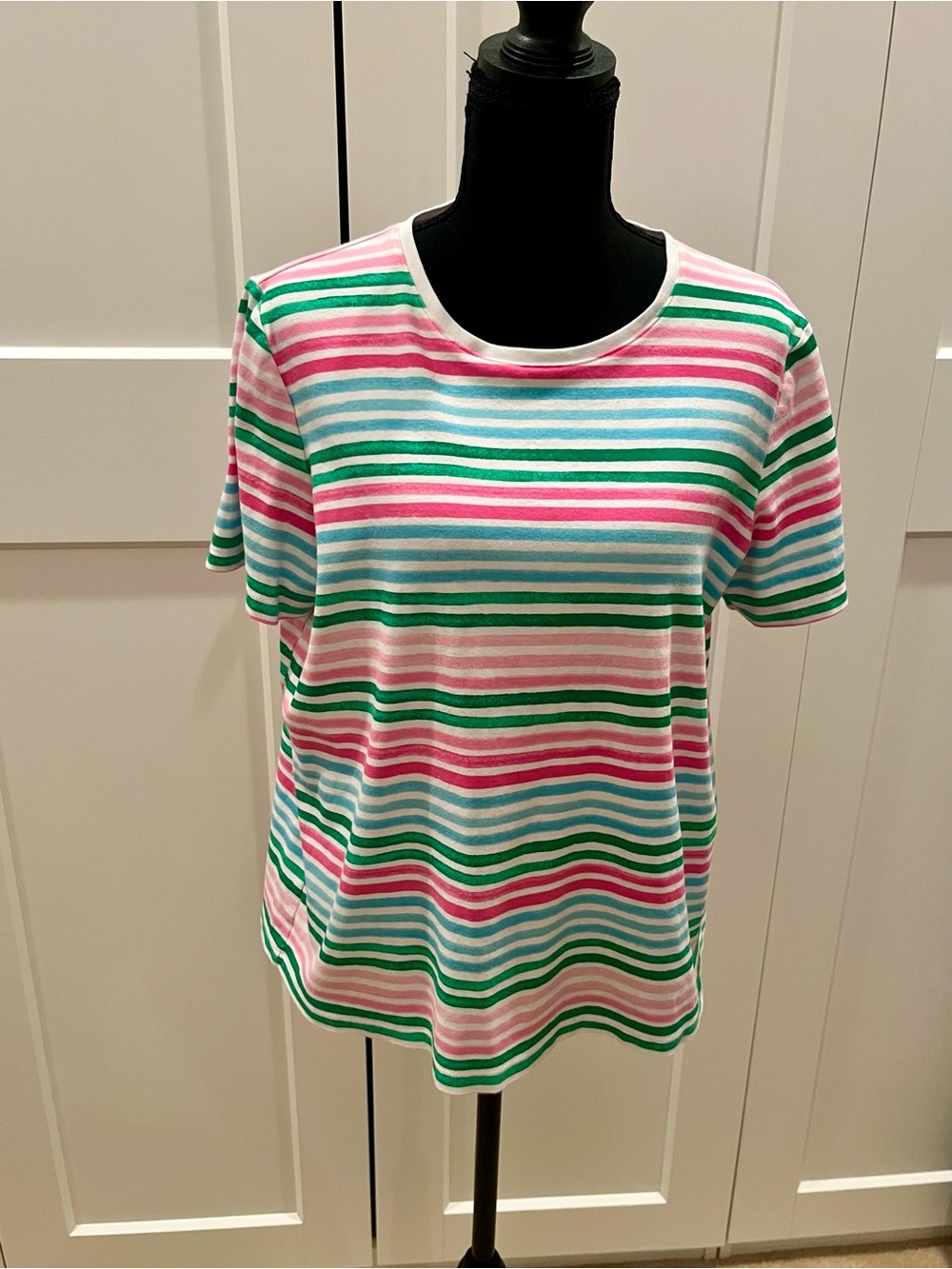 Kim Rogers Striped Short-Sleeve Crewneck Tee in Pink, Green & Blue Casual Cotton